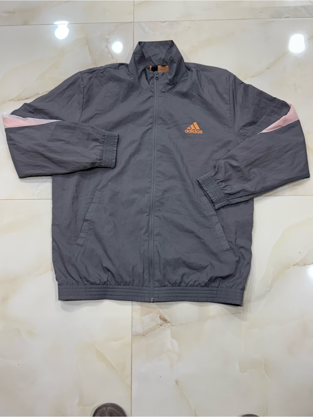 adidas Gray Jacket with Brown Mesh Interior and Black Logo Tag pit to pit 24”